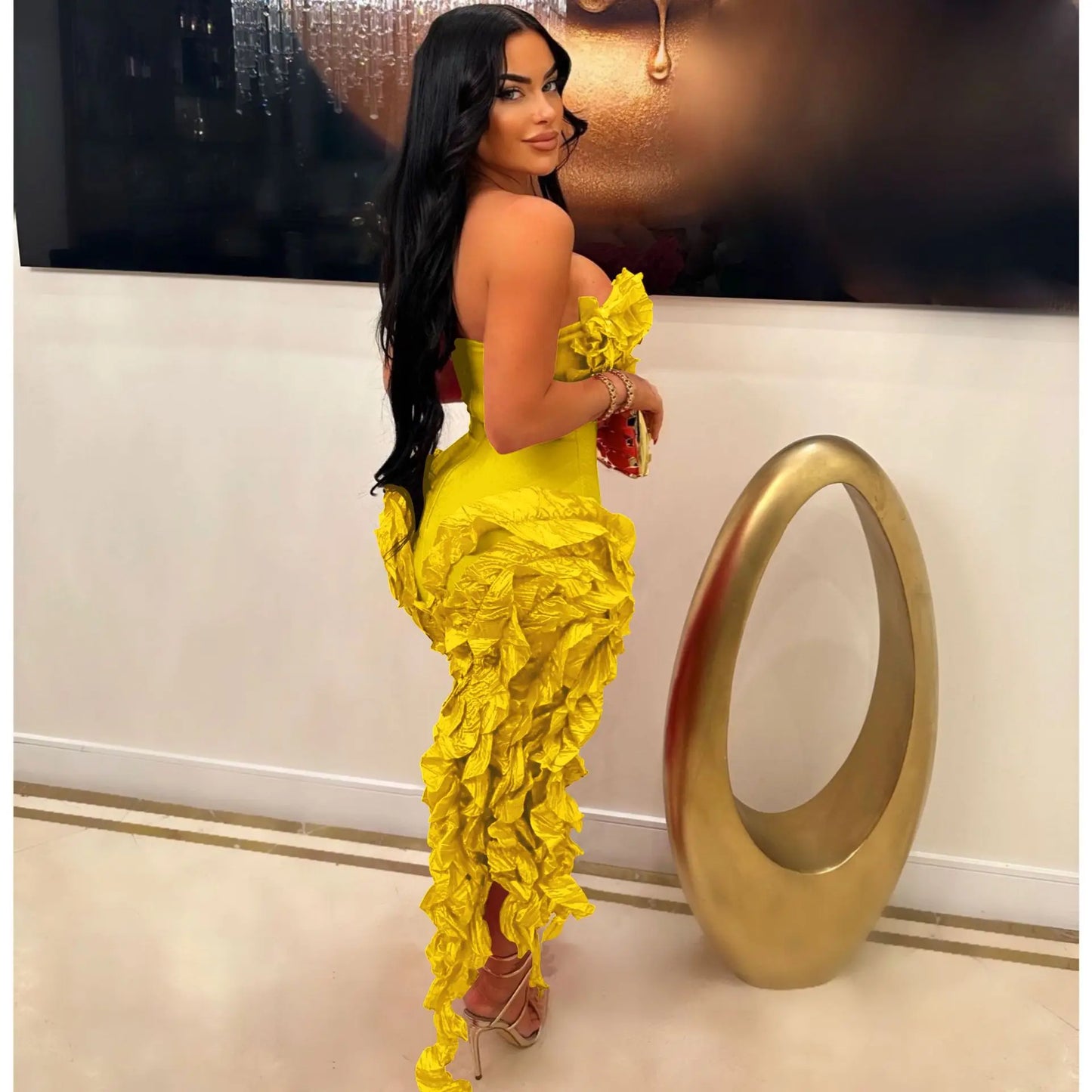 Women Strapless Ruffles Tassel Splicing Irregular Birthday Bodycon Midi Maxi Dress 2025 Even Sexy Party Dresses Vestidos