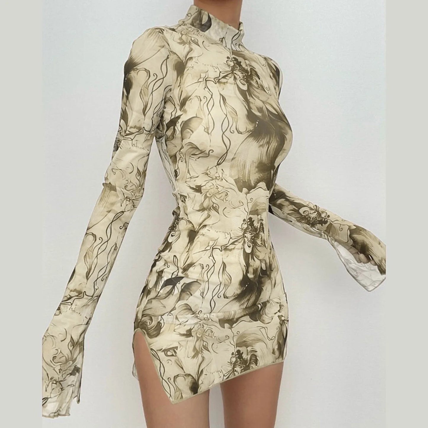 Top Selling Mesh Printed Round Neck Womens Dresses For Teens Plus Size Bell Sleeve Side Open Hip Dress Vestidos Para Mujer