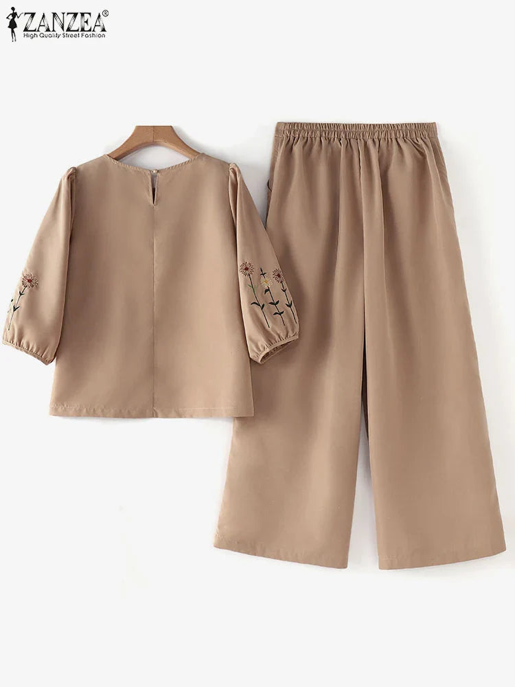 ZANZEA Fashion Women 3/4 Sleeve Embroidery Blouse Pants Sets Autumn 2PCS Floral Tracksuit Casual Loose Wide Leg Trousers Suits
