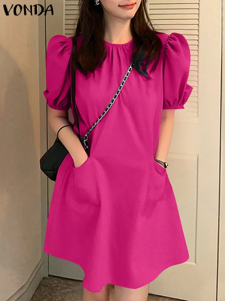 VONDA Women Party Dress Solid Color Casual Office Work Mini Sundress 2025 Summer Female O Neck Vestidos Oversized Loose Robe