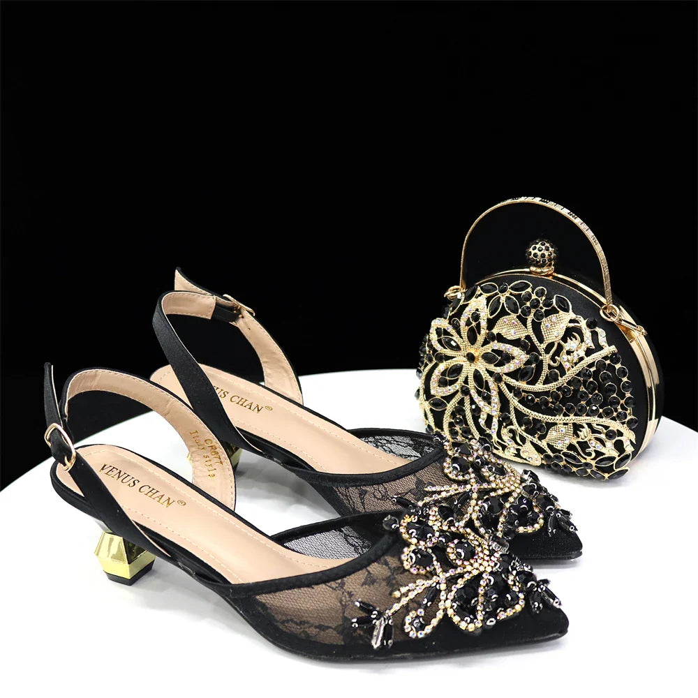 Venus Chan Nigerian Elegant Lace Net Style Green Crystal Low Heel Shoes And Three-Dimensional Mini Bag Commuter Women's Shoes