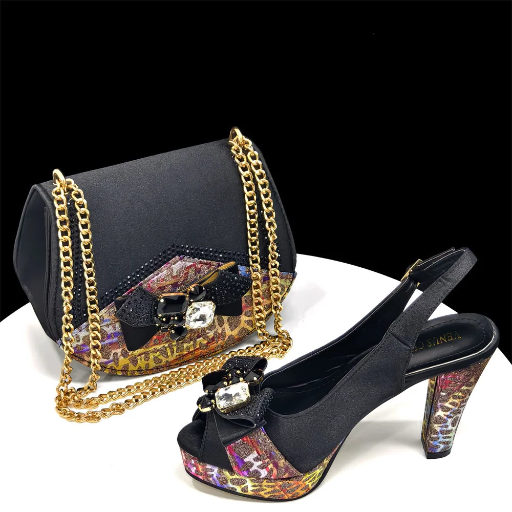 Nigerian Women Heel Party Shoes and Bag Set Royal Blue Colour Rhinestone Handbag Italian Design Wedding INS 2024