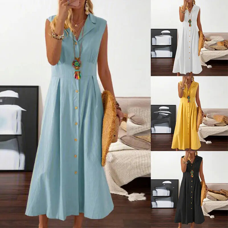 Women Cotton Linen Long Dress Summer Sleeveless Buttons Turn-down Collar Shirt Dress Loose Neck Temperament Office Dresses 2024