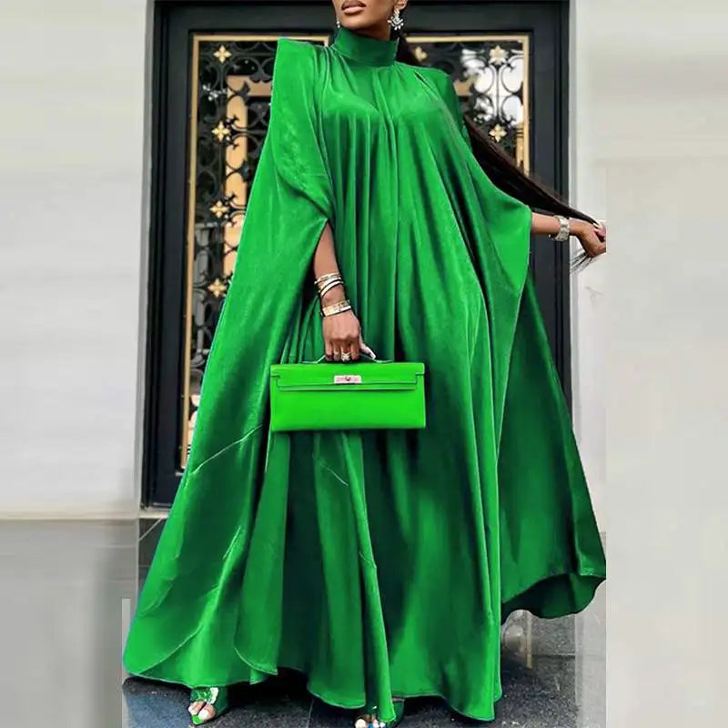 Women Evening Maxi Dress VONDA 2023 Summer Stand Collar Elegant Satin Long Bat Sleeve Pleated Sundress Casual Solid Robe Femme