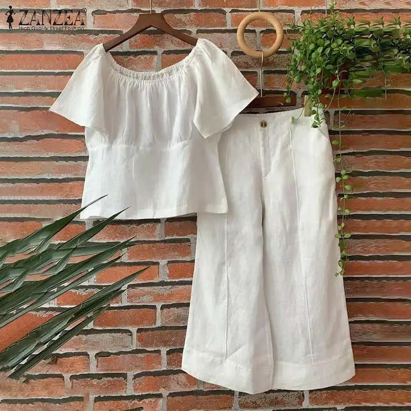 Summer Women Matching Sets ZANZEA 2PCS Elegant Short Sleeve Blouse Wide Leg Pants Fasahion OL Work Pant Sets Holiday Tracksuits