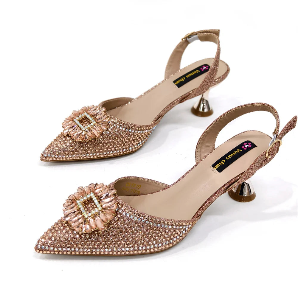 Venus Chan Luxury Rhinestone Heel & Handbag Set – Black & Gold Party Combo