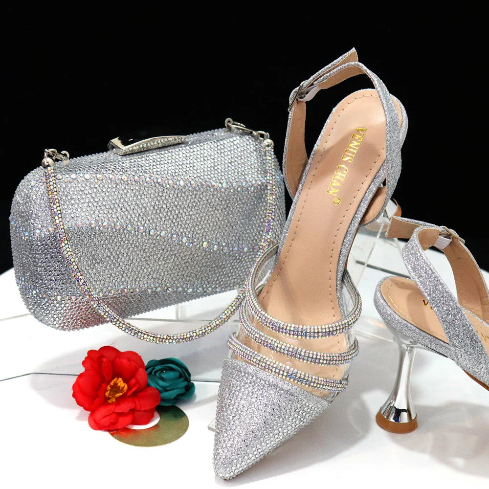 Venus Chan Shoes for Women 2023 Pointed Toe Black Heels Rhinestone Chain Party Sandals Italian Shoes and Bags Matching Set 2023