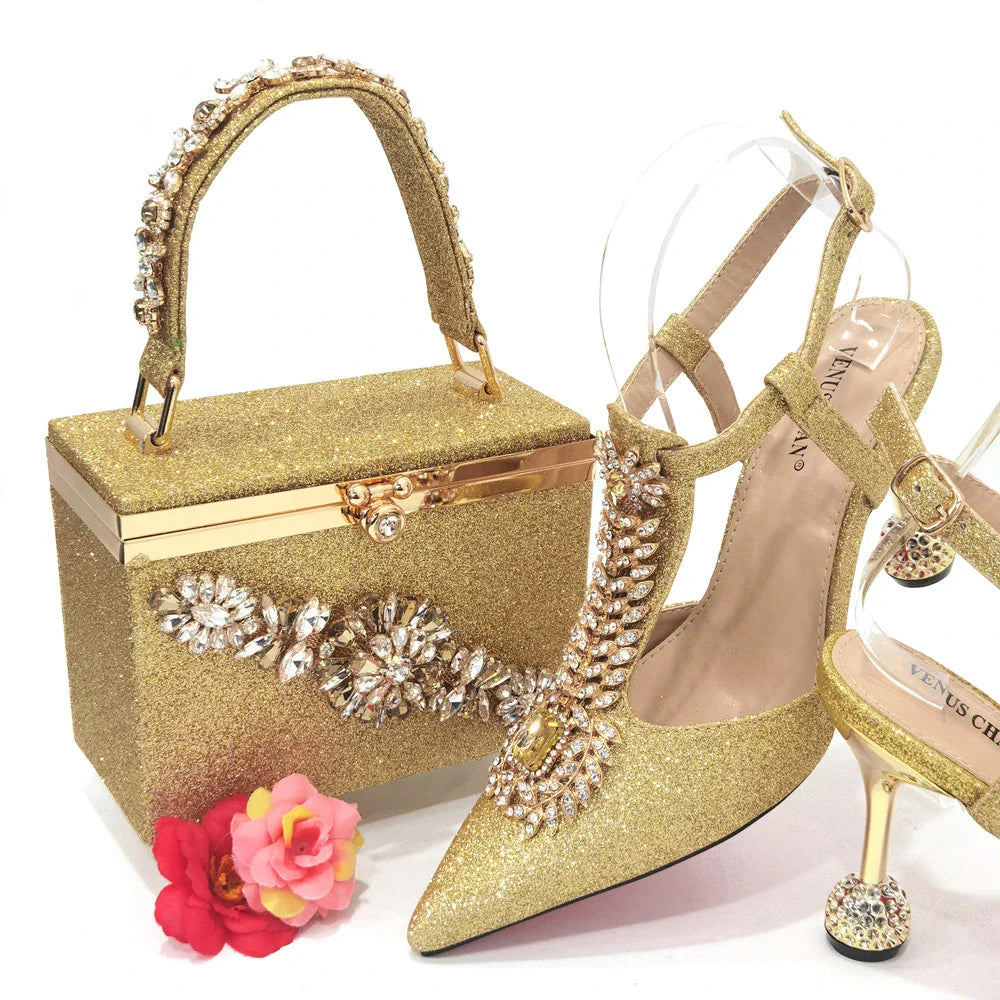 Venus Chan 2023 Italian Design Girly Style Pointed Toe Wedding Shoes And Bag, Full Diamond Decoration Metal Closure Bag