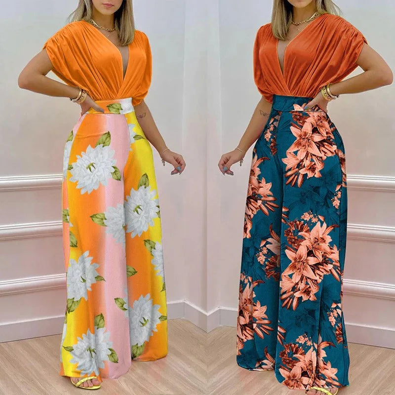 Summer New Printed Pants Sets Women Fashion Raglan Sleeves V-neck Cropped Top High Waist Wide Legs Trousers Two Piece Set Female