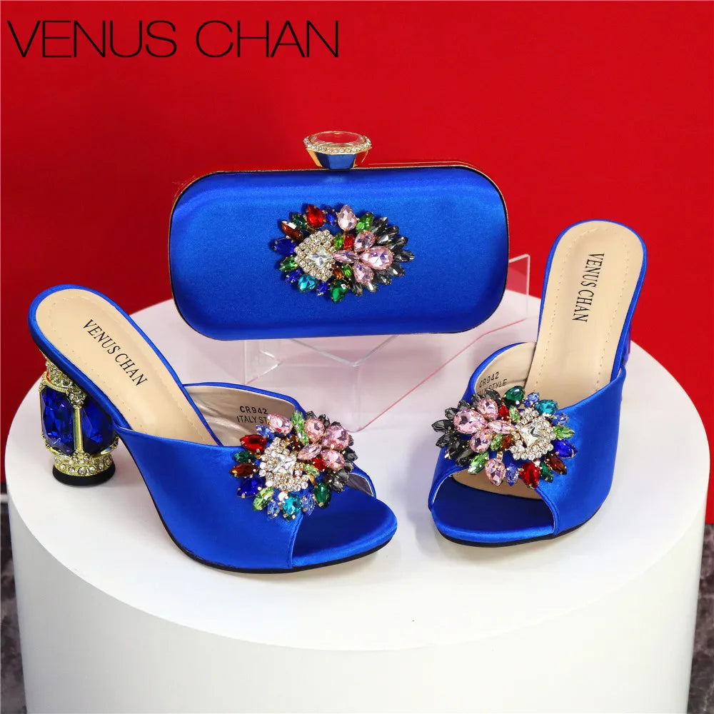 Nigeria Popular New Elegant Red Color Chunk Heels Sandals for Simple And Versatile Exquisite Party Shoes And Bag Set
