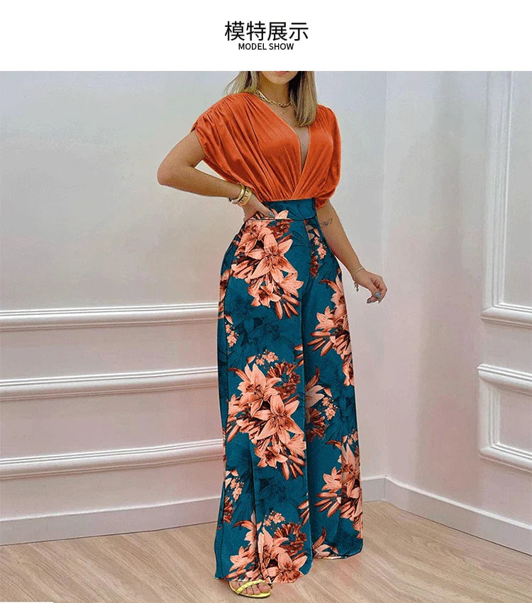 Summer New Printed Pants Sets Women Fashion Raglan Sleeves V-neck Cropped Top High Waist Wide Legs Trousers Two Piece Set Female