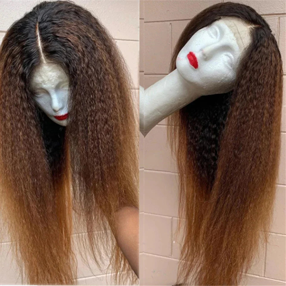 Soft Yaki 26”Long Ombre Brown Blonde Kinky Straight 180Density Deep Lace Front Wig For Black Women Synthetic Babyhair Preplucked