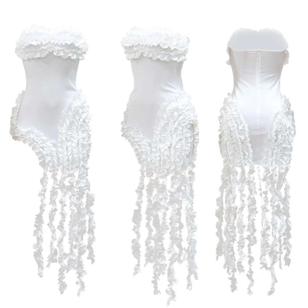 Women Strapless Ruffles Tassel Splicing Irregular Birthday Bodycon Midi Maxi Dress 2025 Even Sexy Party Dresses Vestidos