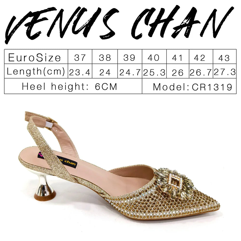 Venus Chan Luxury Rhinestone Heel & Handbag Set – Black & Gold Party Combo