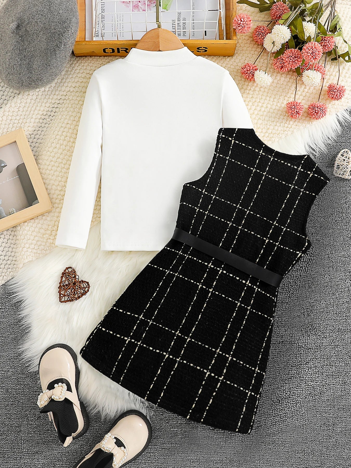 Spring 2025 Fashion Kids 2-piece ceremonial dress for cute girls Solid color crew neck shirt + plaid lapel skirt suit