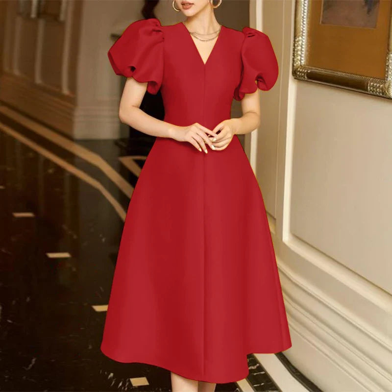 ZANZEA Woman Elegant Party Dress Summer Puff Sleeve V-Neck Dresses Fashion Solid Sundress Vintage A Line Vestidos Oversized 2024