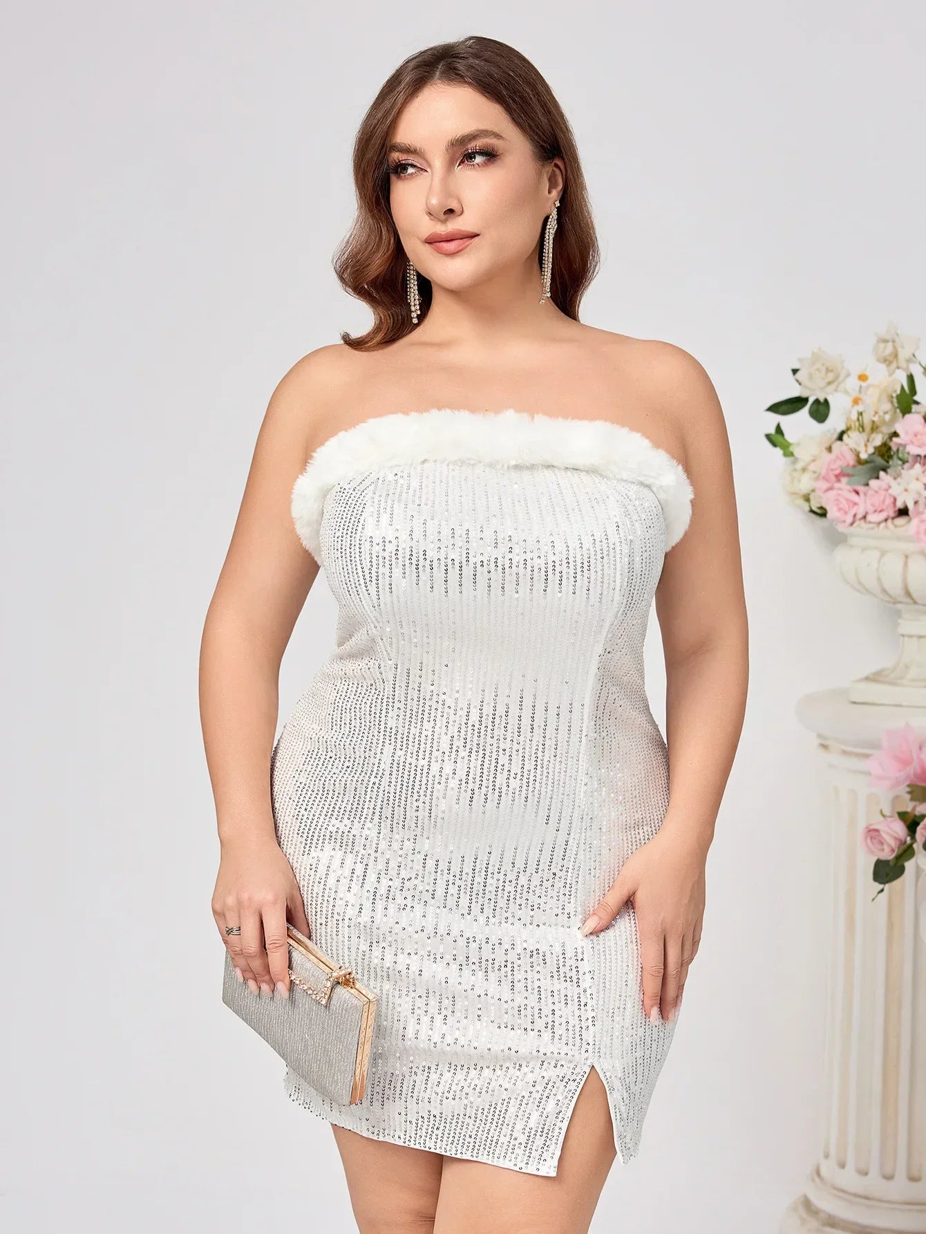 Plus Size Women's Evening Dress Strapless Solid Color Sexy Side Slit Beaded Backless Gown European And American Foreign Trade