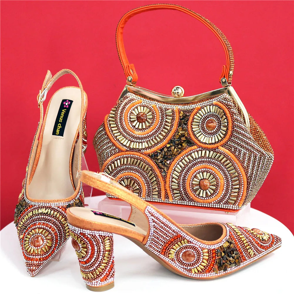 Spot Goods Elegant Streamlined Pointed Toe Women's Shoes Matching Flower Basket Handbag Party Women's Shoes And Bag Set
