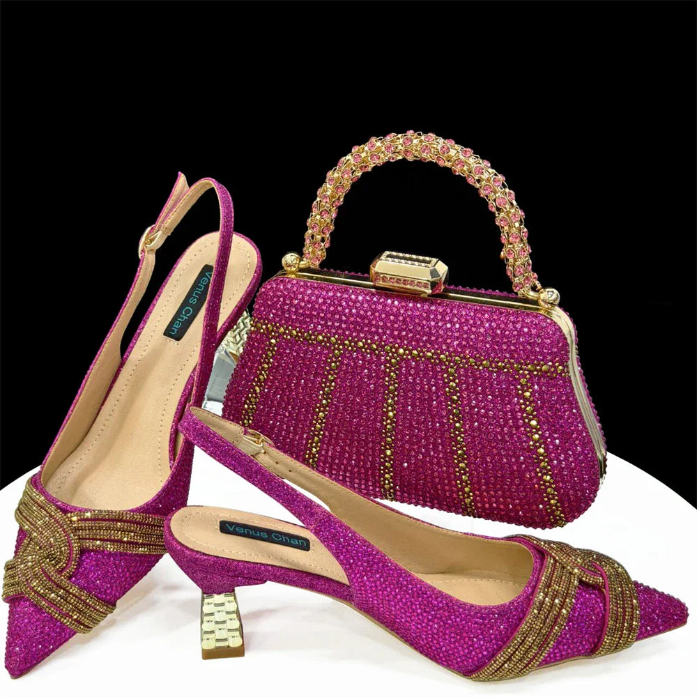 Venus Chan Black Hollow Design With Pointed Shoes And Fashion Three-Dimensional Bag Cozy Rhinestones Are Suitable For Parties