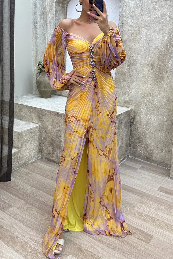 Women Floral Lantern Long Sleeve Dress Elegant Rhinestone Off Shoulder Maxi Dresses Sexy Deep V-neck Waist Split Parties Dress