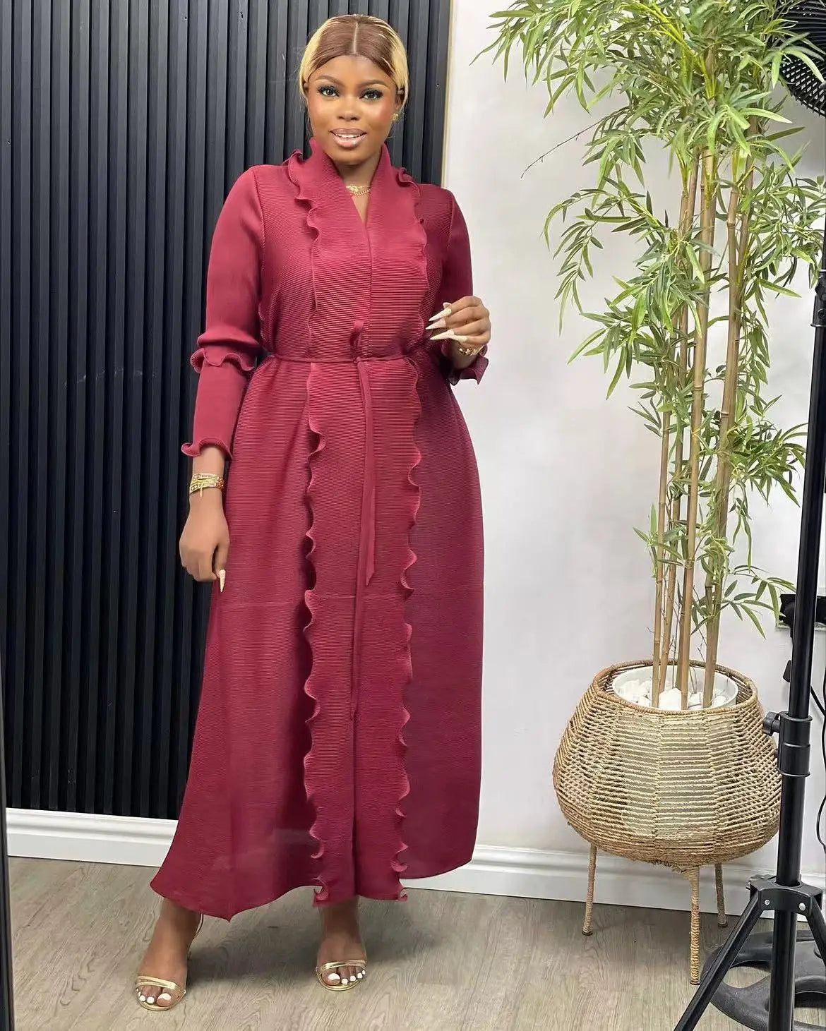 Women Eid Muslim Dress Ruffles Sleeve Dubai Abayas Solid Dresses Sashes Loose Casual Morocco Kaftan Islam Arab Ankle Length
