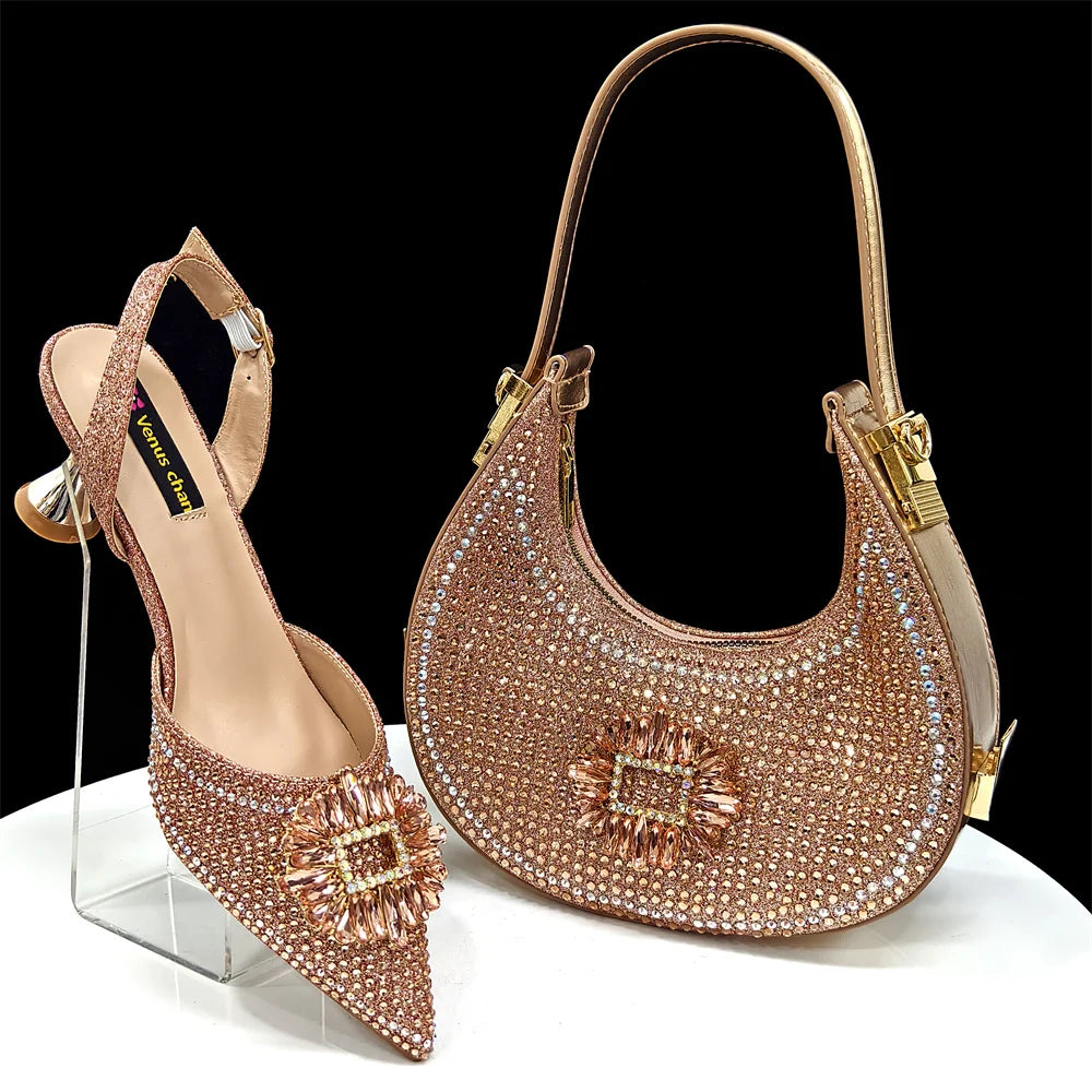 Venus Chan Luxury Rhinestone Heel & Handbag Set – Black & Gold Party Combo