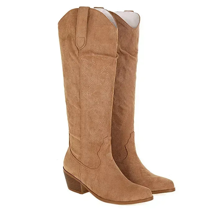 Pointed Toe Knight Boots for Women Brown PU Leather Knee High Boots Woman Autumn Winter Western Cowboy Long Botas Mujer 2024
