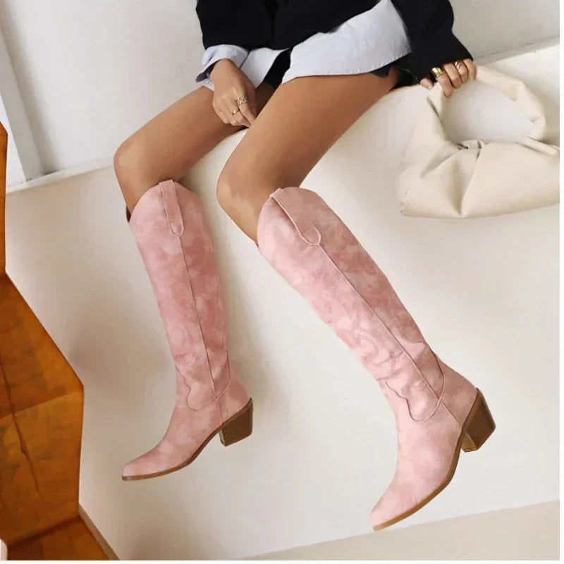 Pointed Toe Knight Boots for Women Brown PU Leather Knee High Boots Woman Autumn Winter Western Cowboy Long Botas Mujer 2024