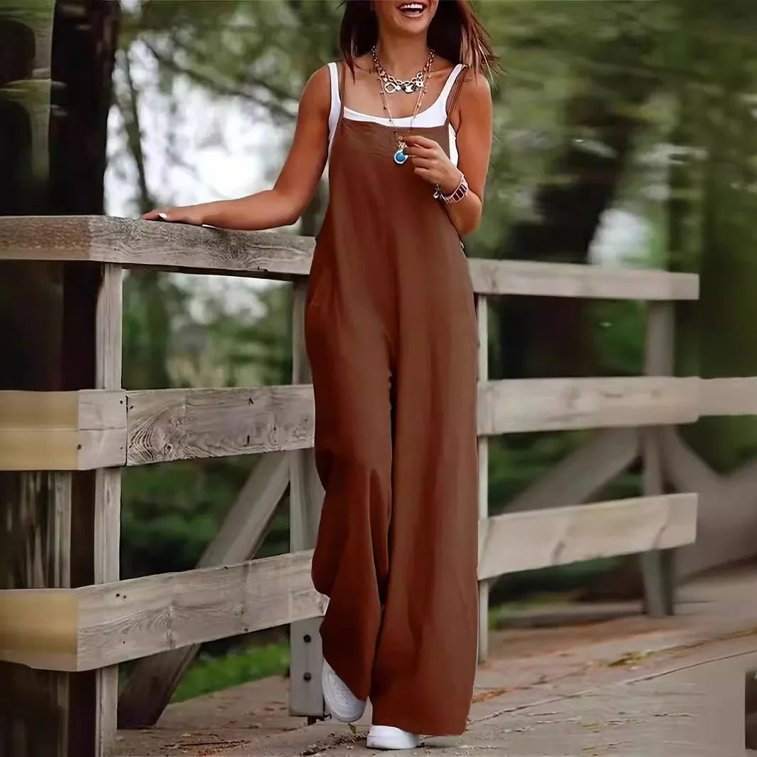 Women's Sleeveless Plus Size Jumpsuit Cotton And Linen Solid Loose Wide Leg Slash Pocket Casual Ankle-Length Pants 2024