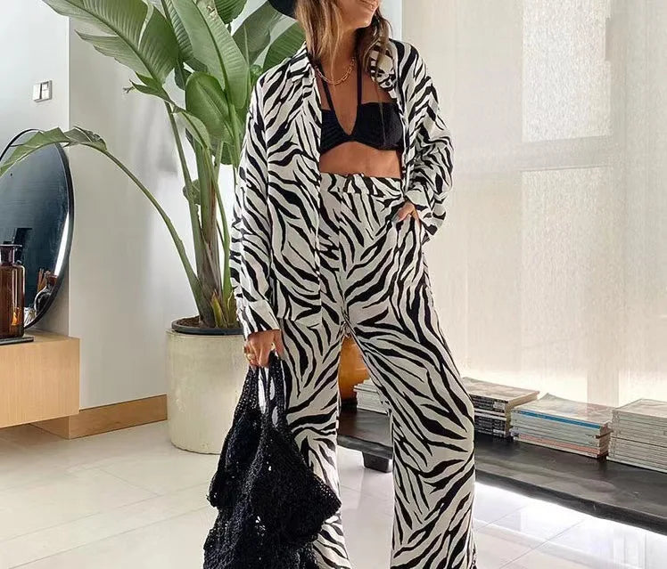 Women Set Autumn Long Sleeve Lapel Printed Casual Fashion Elegant Beach Loose Wide Leg Trousers Ladies Two Piece Suits Pant Sets