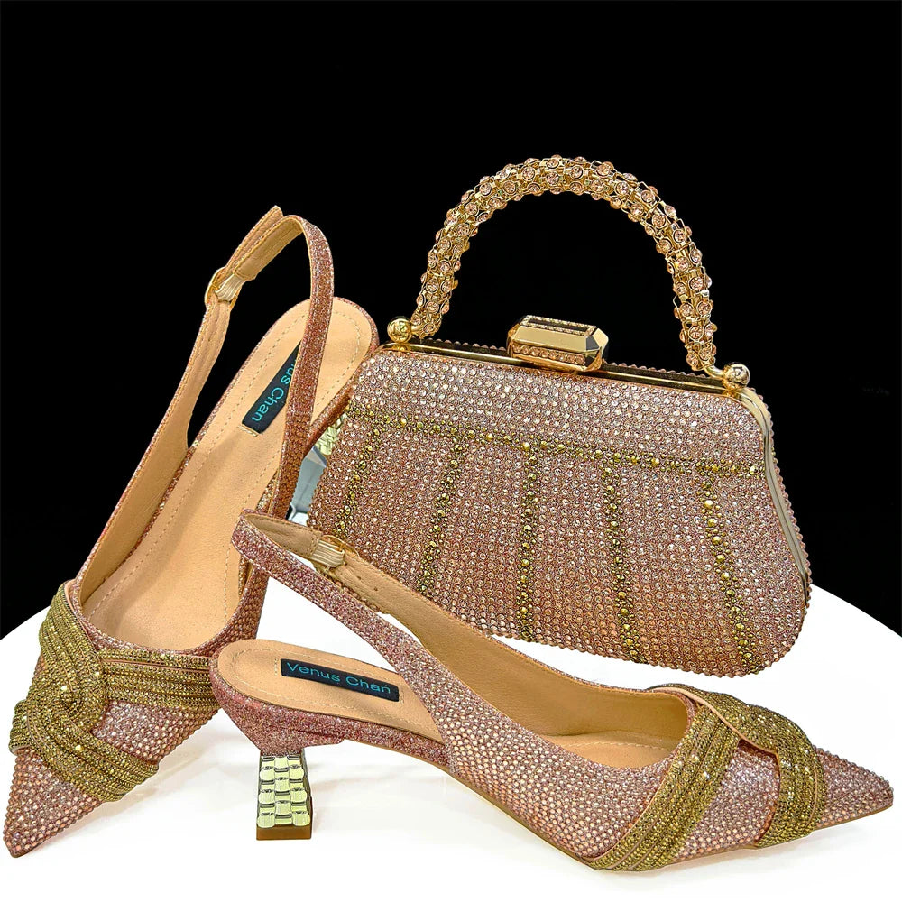 Venus Chan Black Hollow Design With Pointed Shoes And Fashion Three-Dimensional Bag Cozy Rhinestones Are Suitable For Parties