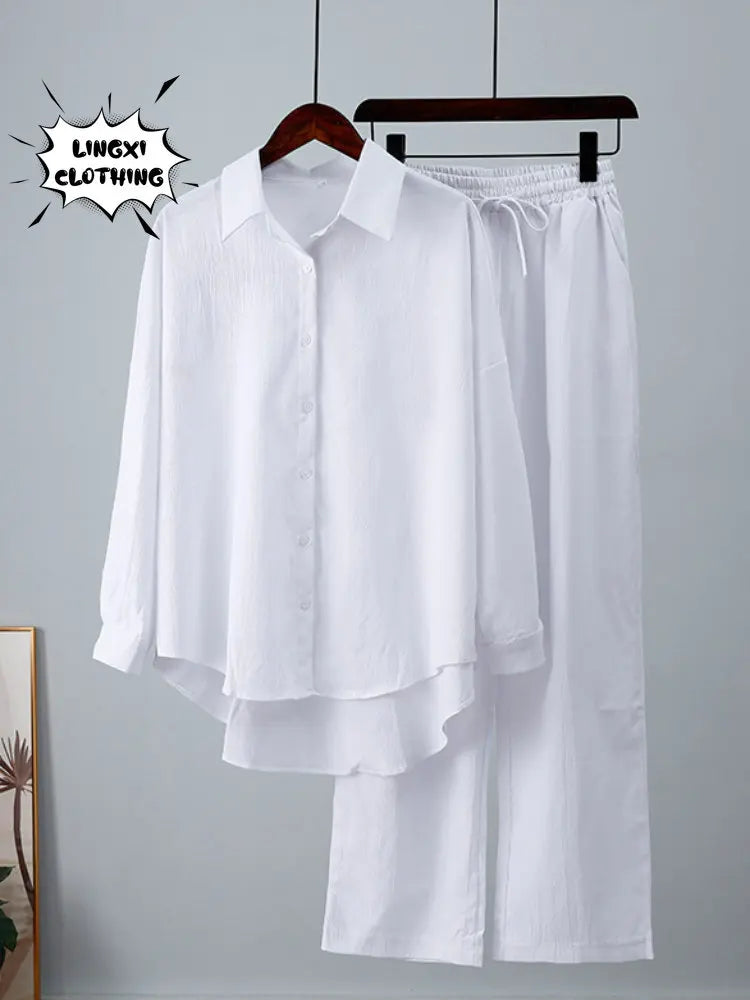 Summer Outfits for Women 2023 Fashion Loose Elastic Wrinkle Long Sleeve Shirt Wide Leg Pants Casual Set for Women 2 Piece Set