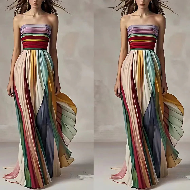 Sexy Strapless Printed Colorful Dress For Summer Elegant Women's Sleeveless Off Shoulder Party Asymmetrical Dress Maxi Vestidos