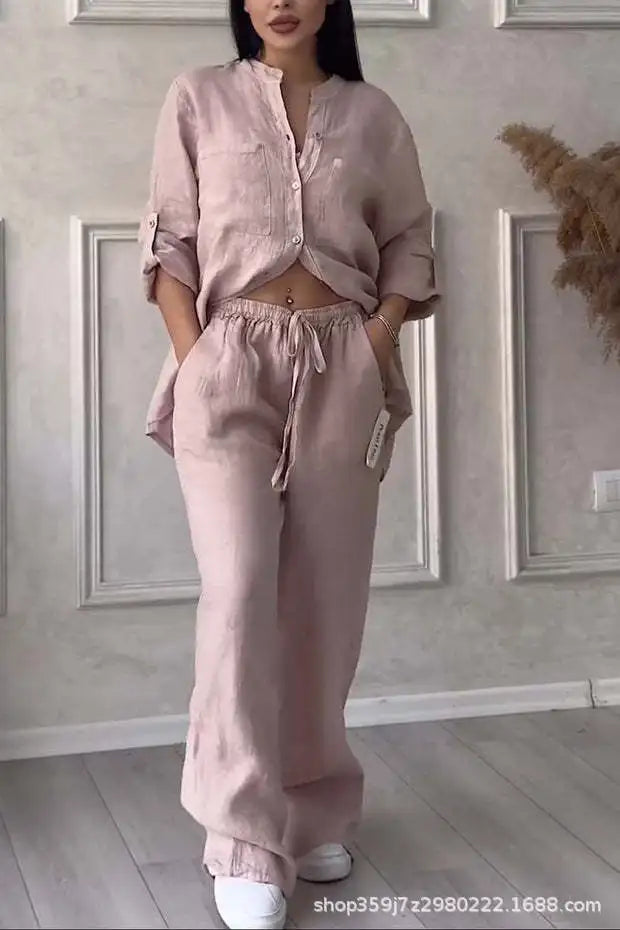 Women's Fashion Set Casual Long Sleeve Pocket Shirts + Loose Wide Leg Pants 2 Piece Set For Women Spring Autumn Women Clothes