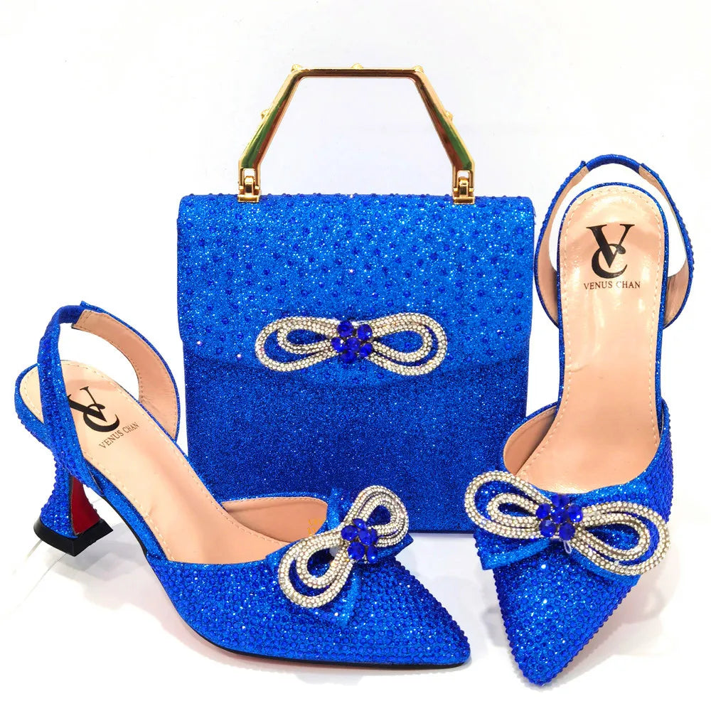 The Latest Style Rhinestone Bow Side Empty Party High Heels Pointed Toe Stiletto Heels Silver Women's Shoes And Bags