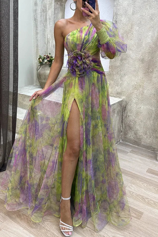 Women New Party Mesh Sloping Shoulder Dress Casual Fashion Sexy High Waist Long Maxi Loose Dress