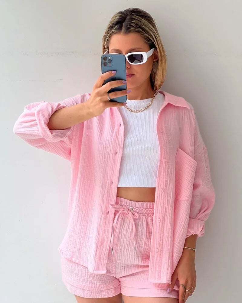 Women's Short Sets 2 Pcs Sale Grass Green Loose Button Cardigan Blouse Coats & Drawstring Wide Leg Loose Short Pant Suits