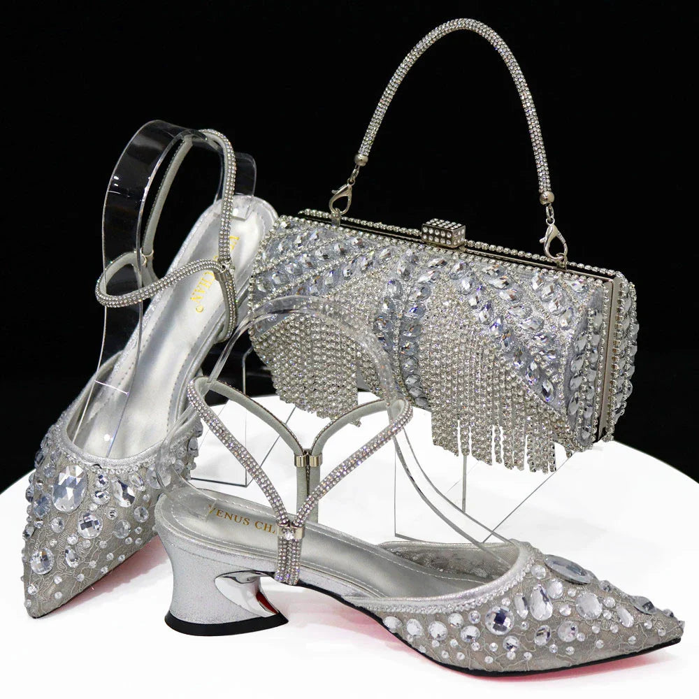 Venus Chan 2023 Newest INS Style Lace Elegant High Heels Pointed-Toe Nigeria Popular Design African Ladies Shoes And Bag Set