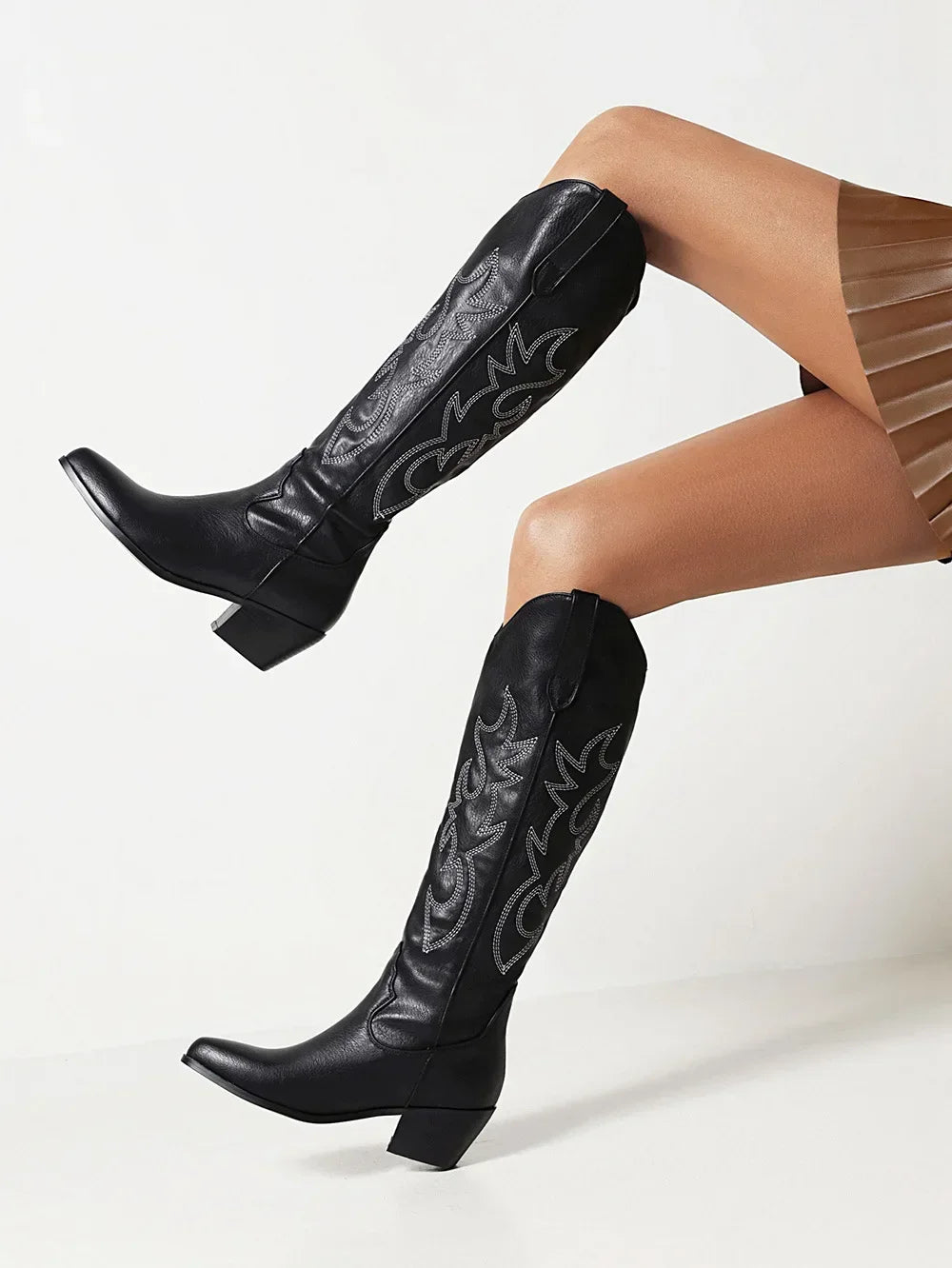 Pointed Toe Knight Boots for Women Brown PU Leather Knee High Boots Woman Autumn Winter Western Cowboy Long Botas Mujer 2024