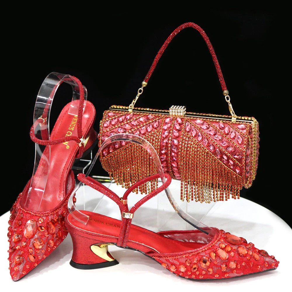 Venus Chan Pointed Toe Heels for Women Party Green Color Full Diamond Lace Matching Design Italian Shoe and Bag Set Designer