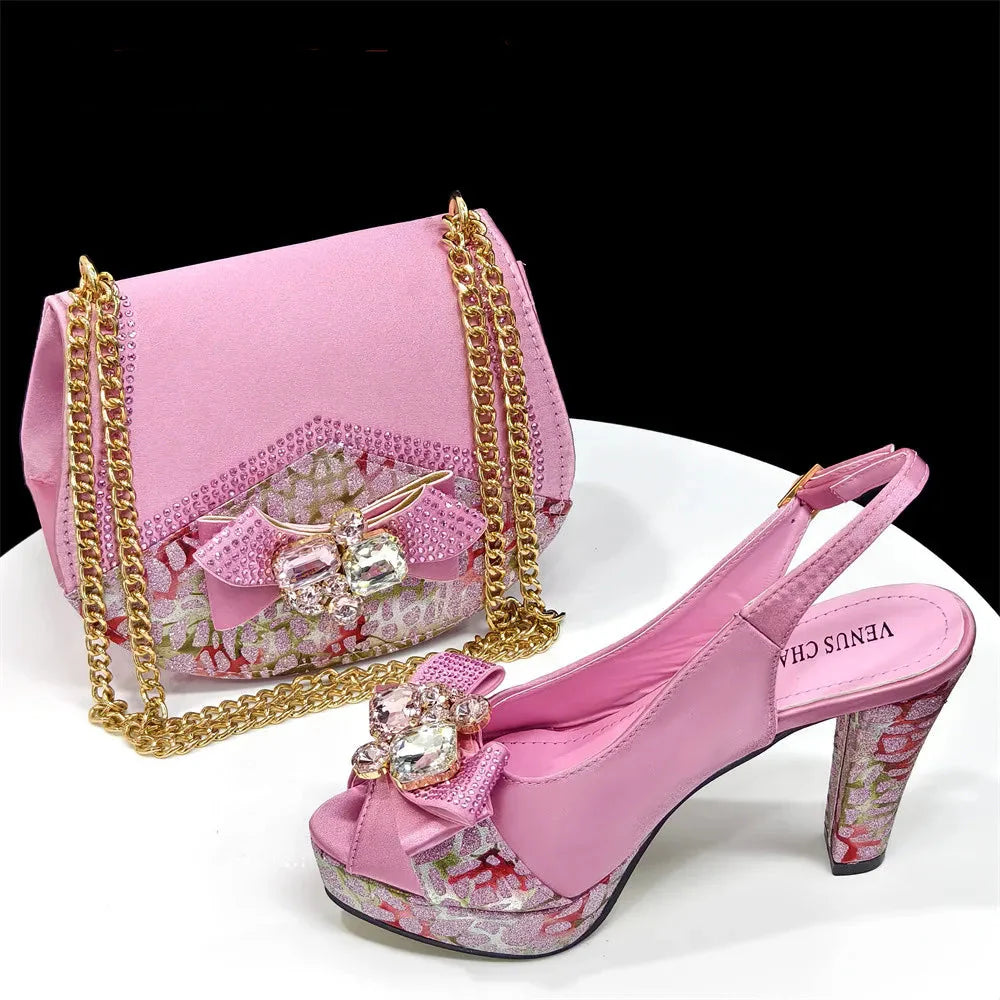 Nigerian Women Heel Party Shoes and Bag Set Royal Blue Colour Rhinestone Handbag Italian Design Wedding INS 2024