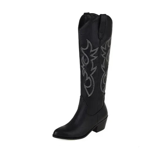 Pointed Toe Knight Boots for Women Brown PU Leather Knee High Boots Woman Autumn Winter Western Cowboy Long Botas Mujer 2024