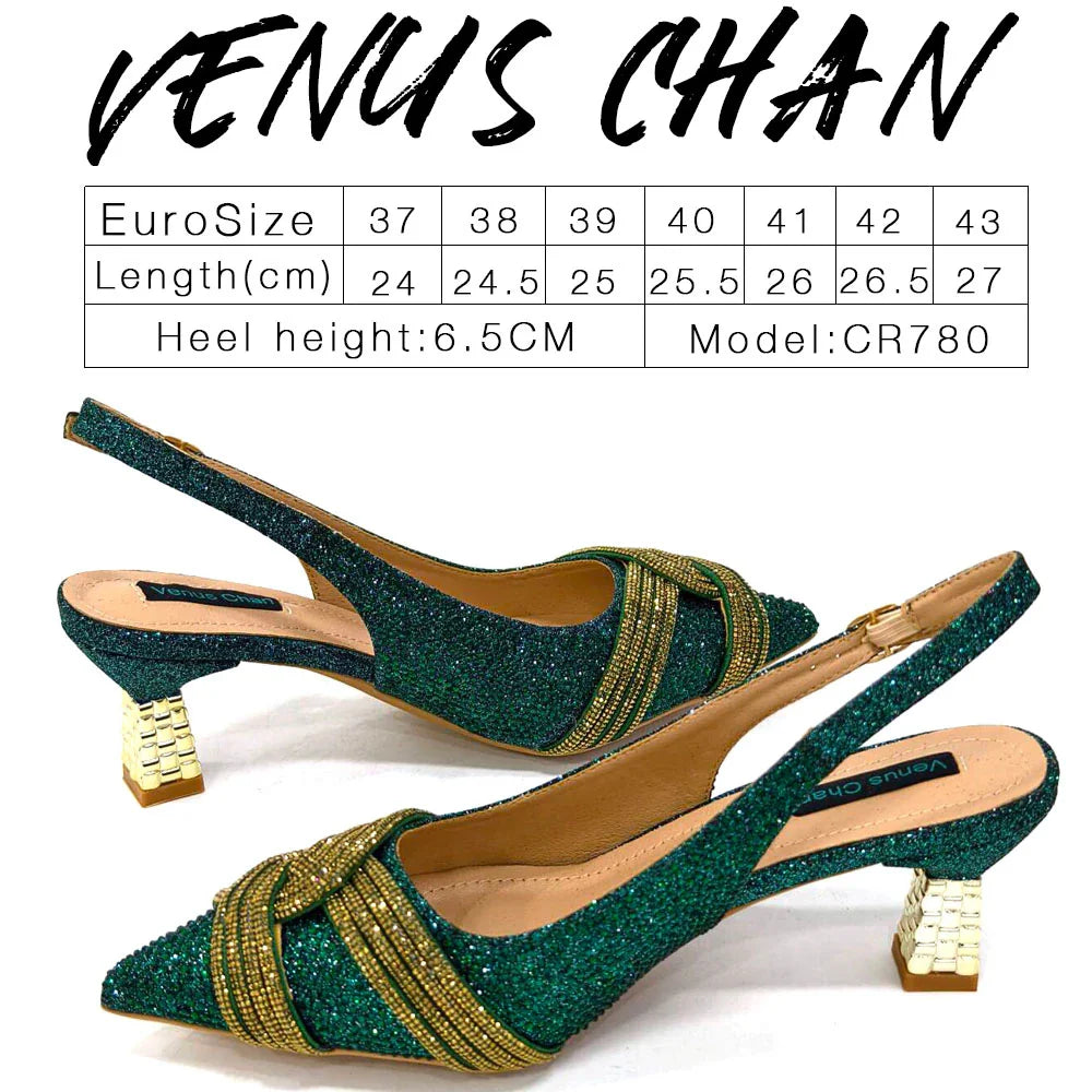 Venus Chan 2024 Special Design High Quality Orange Color African Women Shoes and Bag Set with Shinning Crystal for Wedding Party