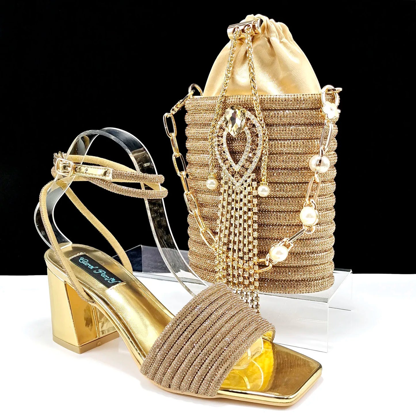 Newest Olive Colour Personalized Design Rhinestone Decoration High Heel Peep Toe Banquet Ladies Shoes And Bag Set