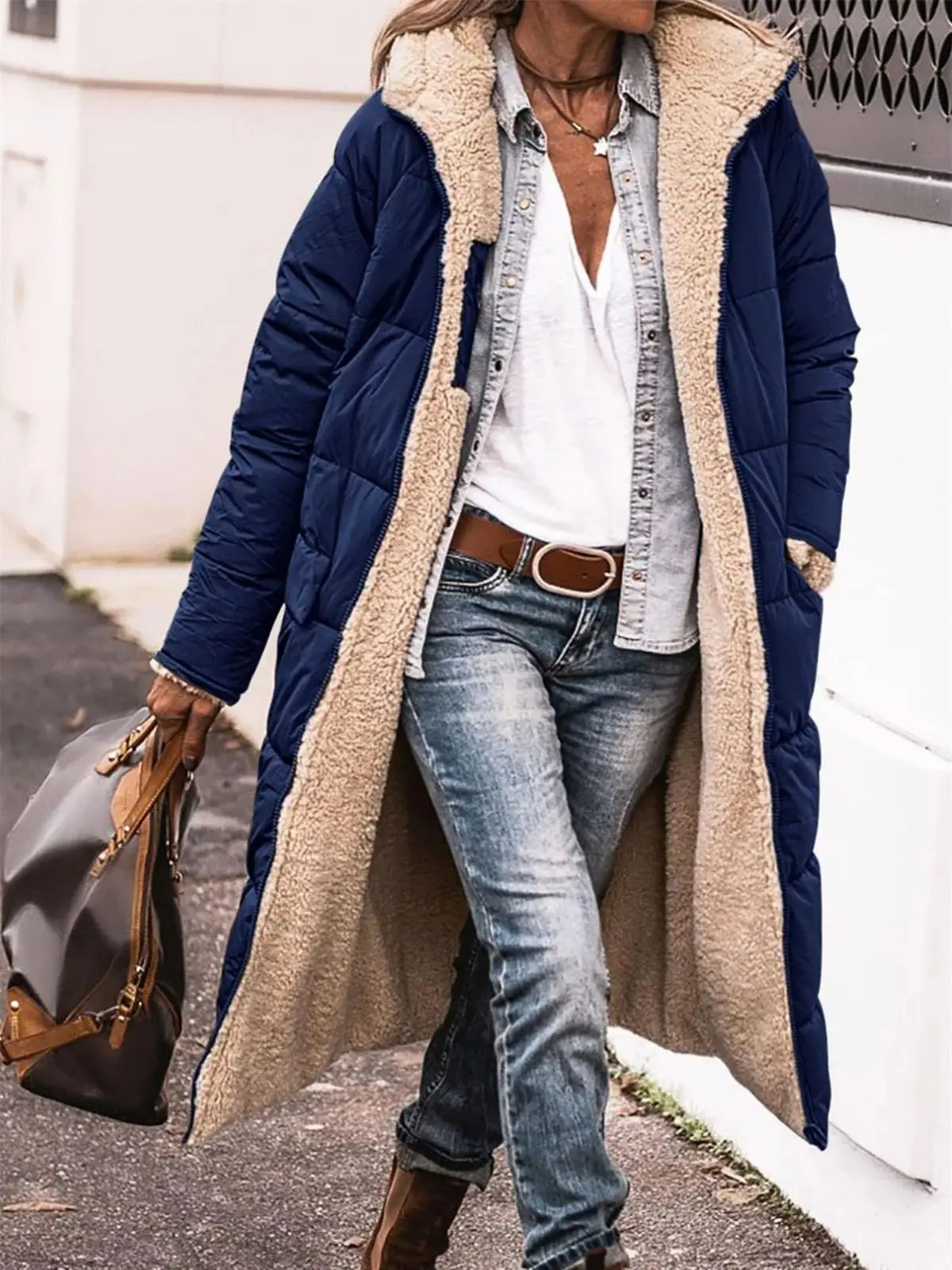 Winter Hooded Quilted Jacket For Women Solid Reversible Long Sleeve Thick Coat Warm Fashion Long Outerwear Casual Puffer Coats