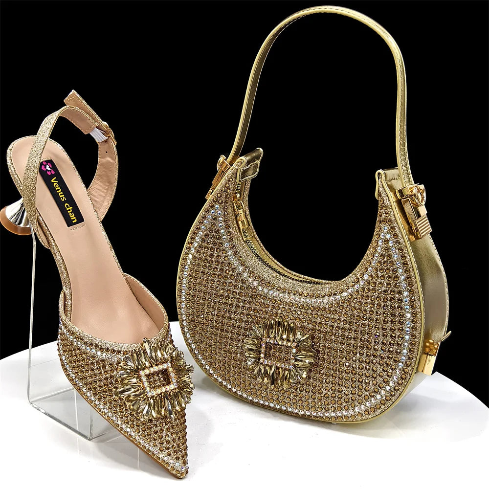 Venus Chan Luxury Rhinestone Heel & Handbag Set – Black & Gold Party Combo