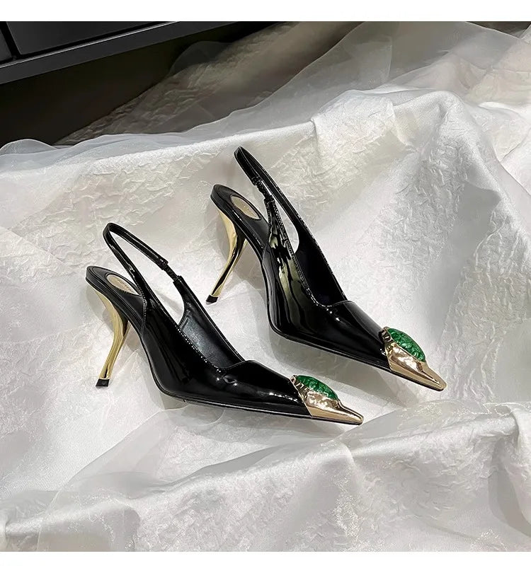 Women's Gem Metal Pointed Temperament High Heels with Sexy Empty Sandals