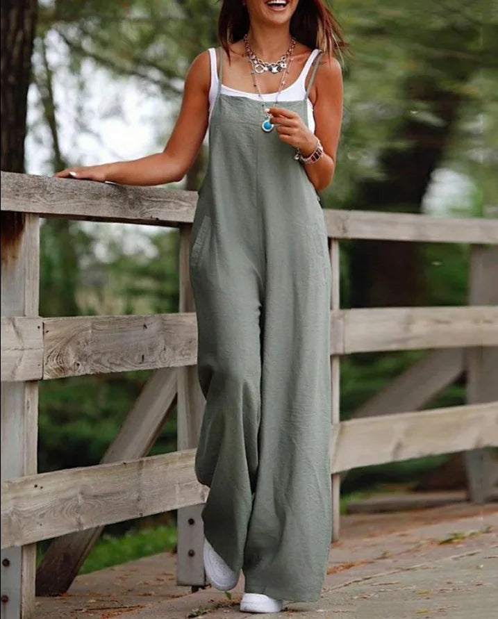 Women's Sleeveless Plus Size Jumpsuit Cotton And Linen Solid Loose Wide Leg Slash Pocket Casual Ankle-Length Pants 2024