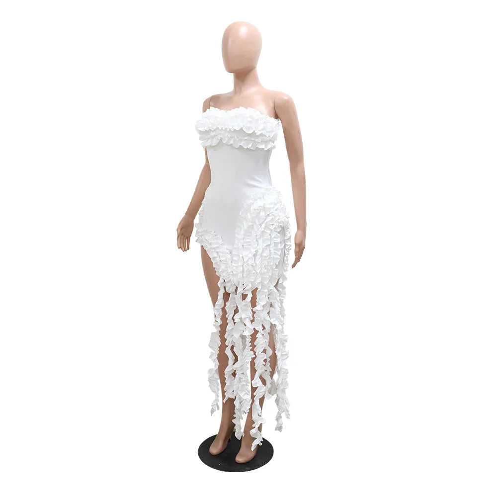 Women Strapless Ruffles Tassel Splicing Irregular Birthday Bodycon Midi Maxi Dress 2025 Even Sexy Party Dresses Vestidos