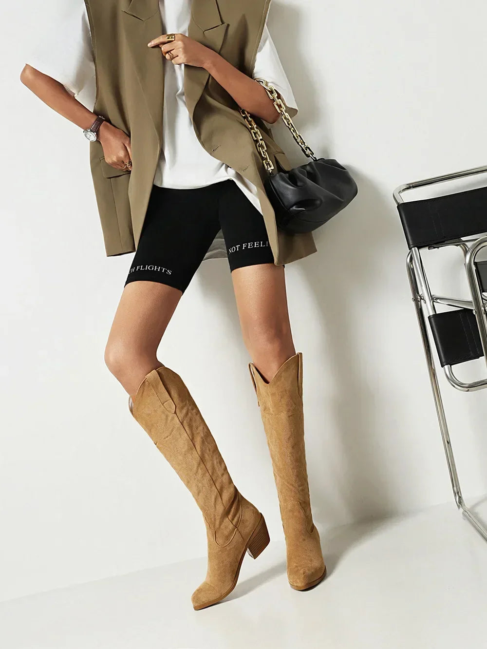 Pointed Toe Knight Boots for Women Brown PU Leather Knee High Boots Woman Autumn Winter Western Cowboy Long Botas Mujer 2024